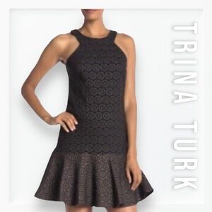 NWT Trina Turk Black Bronze Metallic Ruffled Hem Dress sz 0